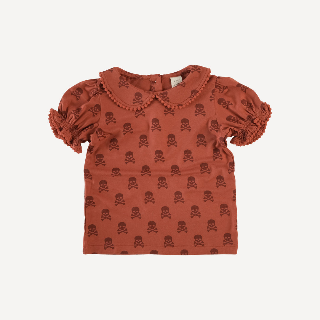 short sleeve peter pan pom pom top | red skulls | organic cotton interlock