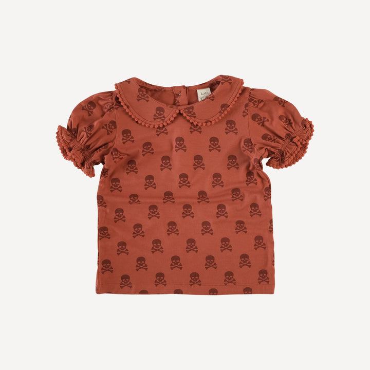 short sleeve peter pan pom pom top | red skulls | organic cotton interlock