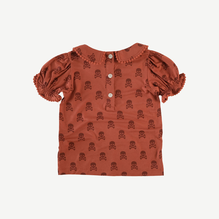 short sleeve peter pan pom pom top | red skulls | organic cotton interlock
