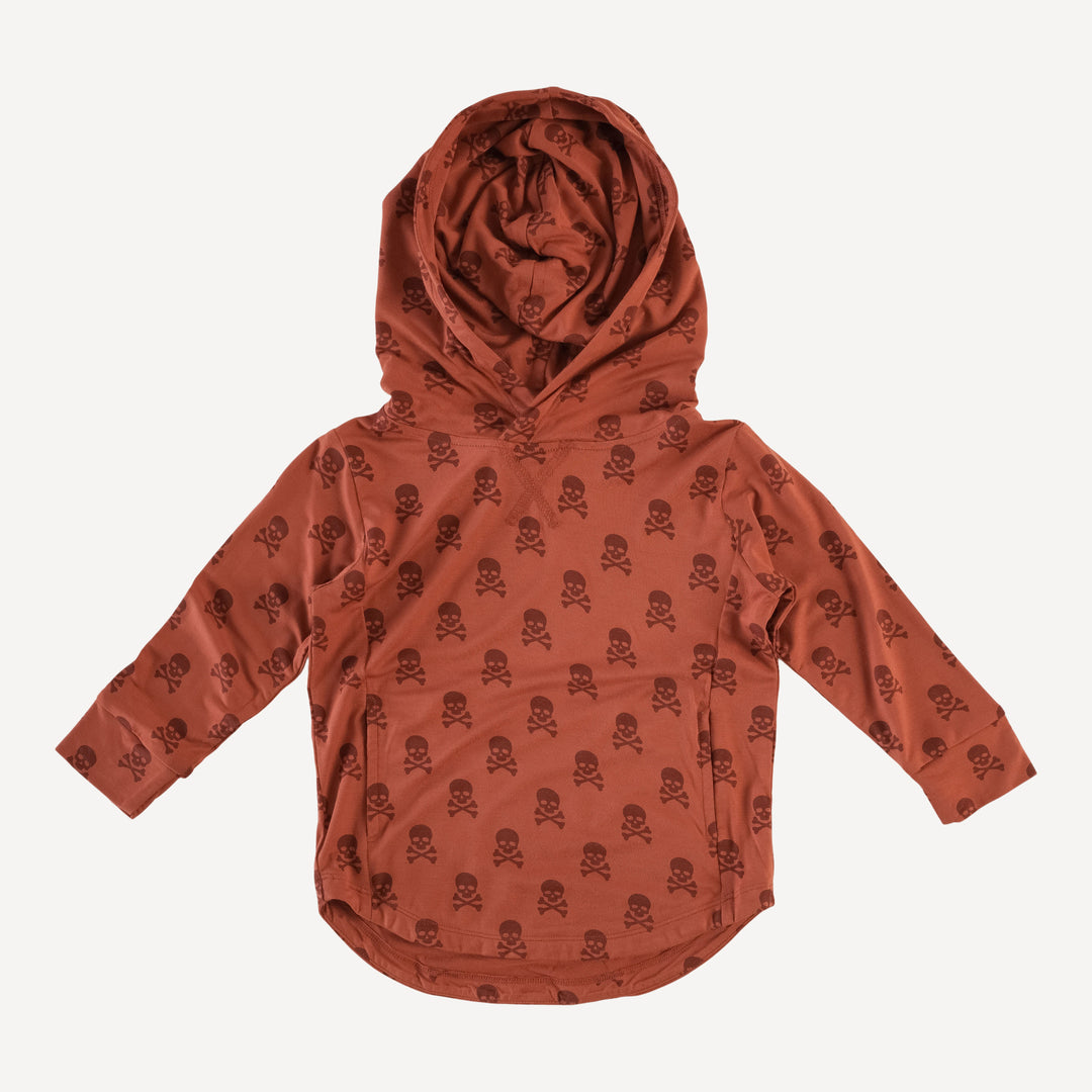 long sleeve boxy top stitch shirt tail hoodie | red skulls | organic cotton interlock
