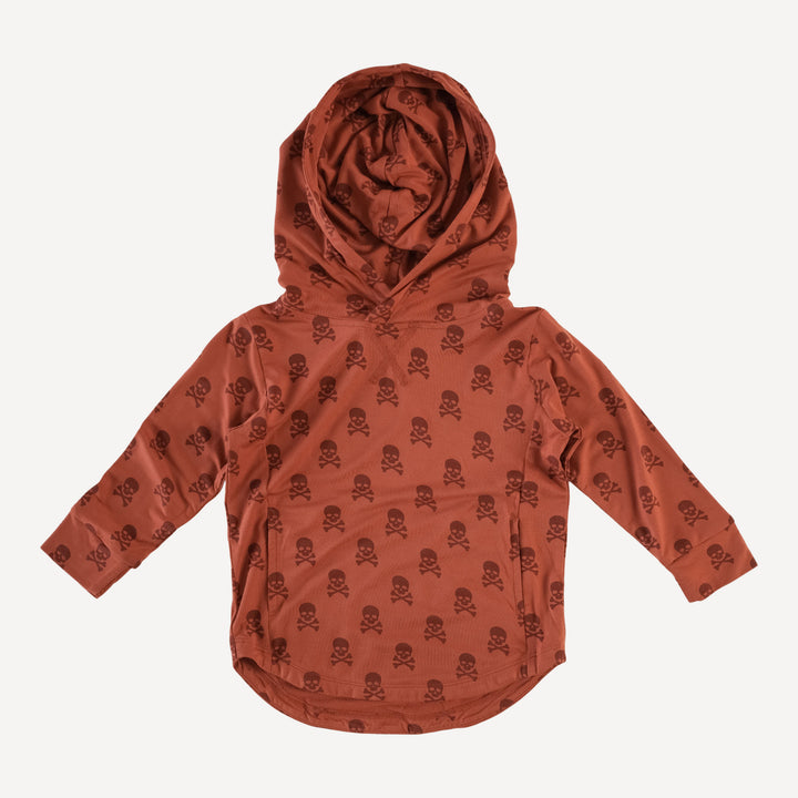 long sleeve boxy top stitch shirt tail hoodie | red skulls | organic cotton interlock