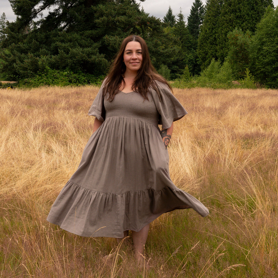 womens rosette dress | dark truffle | organic cotton gauze