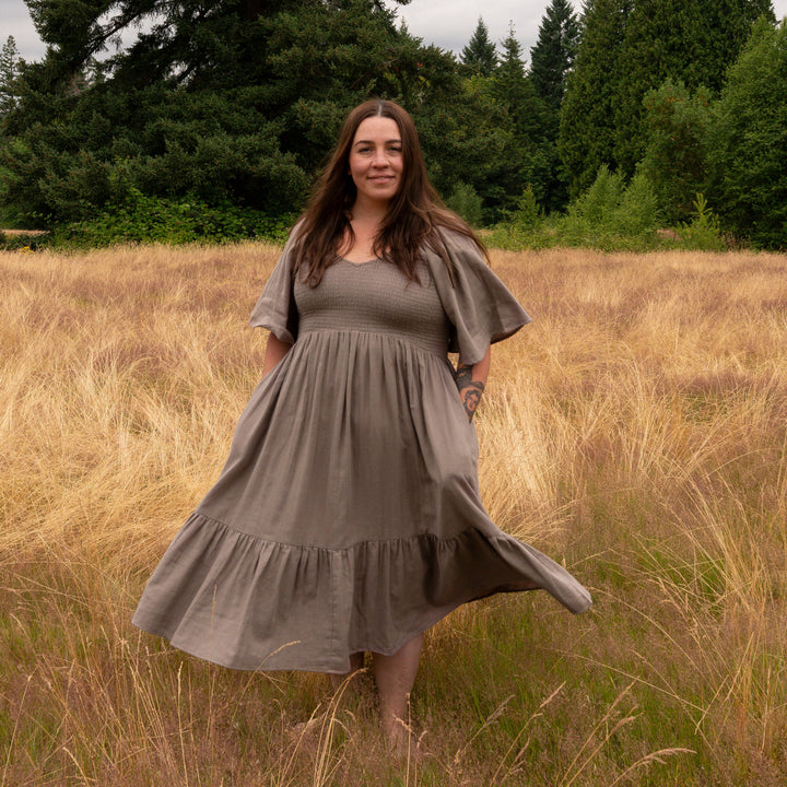 womens rosette dress | dark truffle | organic cotton gauze