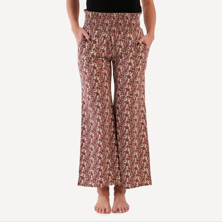 womens smocked gaucho pant | clay ditsy floral | organic cotton jersey