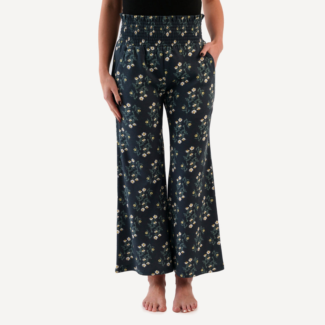 womens smocked gaucho pant | black chamomile | organic cotton interlock
