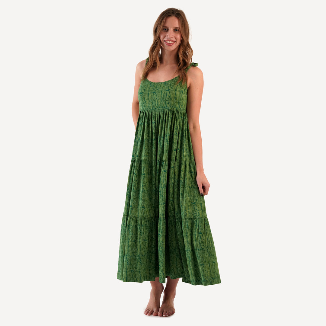 womens spaghetti tie prairie dress | emerald fern frond | modal