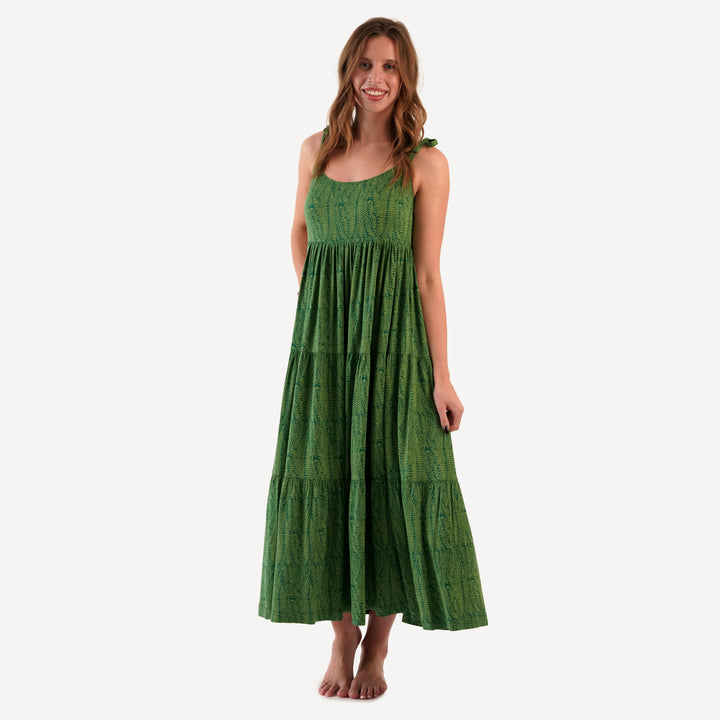 womens spaghetti tie prairie dress | emerald fern frond | modal