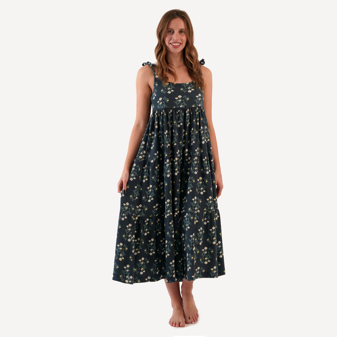 womens spaghetti tie prairie dress | black chamomile | organic cotton interlock