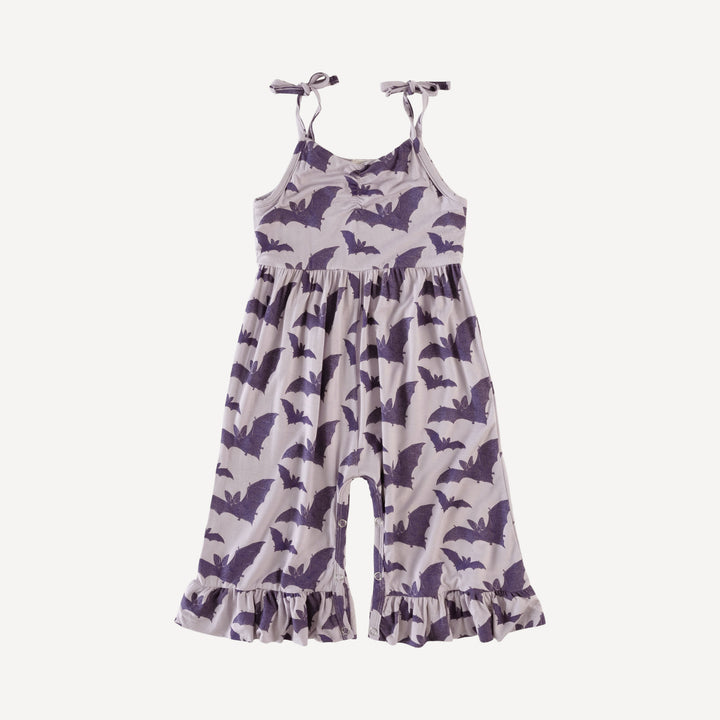 spaghetti tie ruched wide leg ruffle jumpsuit | purple bat | organic cotton interlock