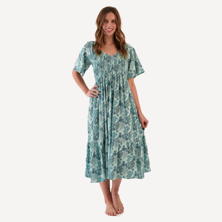 womens flutter sleeve smocked midi dress | bluebell wildflower | organic cotton jersey