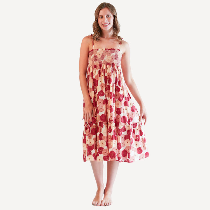 womens spaghetti tie winnie convertible dress | red vintage daisy | organic cotton woven