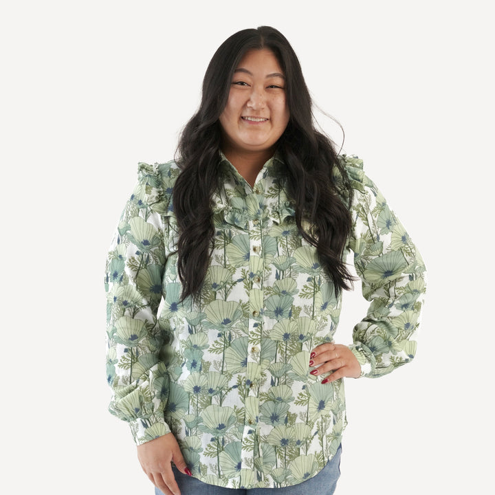 womens long sleeve goldilocks top | aqua poppies | organic cotton gauze