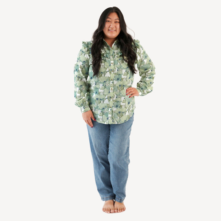 womens long sleeve goldilocks top | aqua poppies | organic cotton gauze