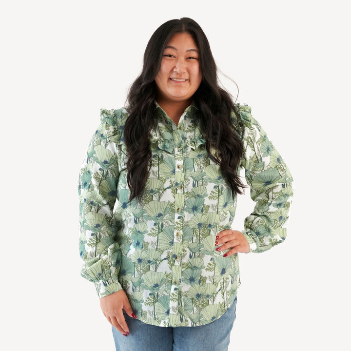 womens long sleeve goldilocks top | aqua poppies | organic cotton gauze