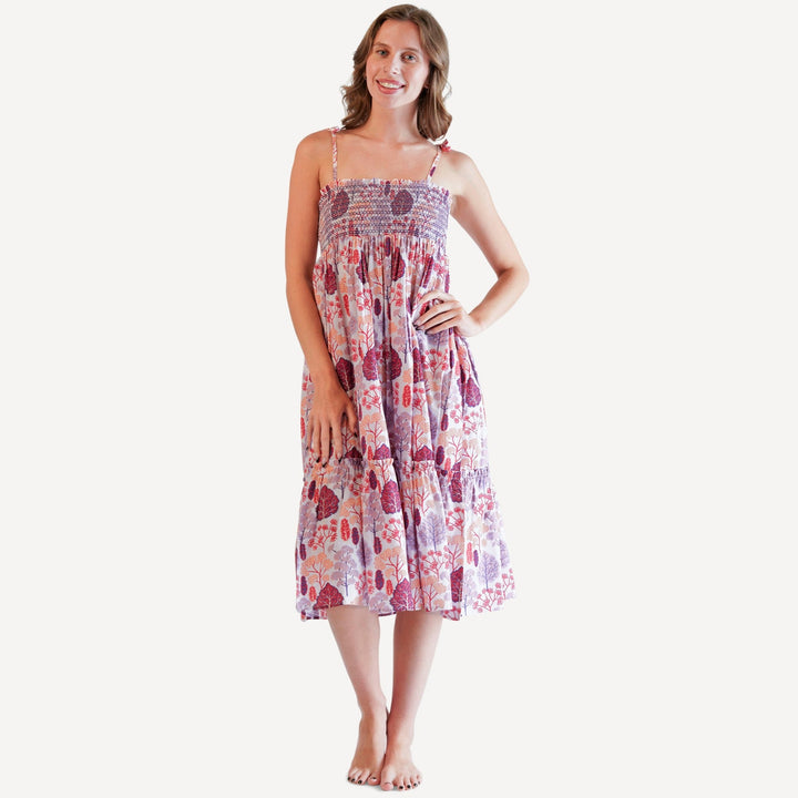 womens spaghetti tie winnie convertible dress | pink pooh woods | organic cotton woven