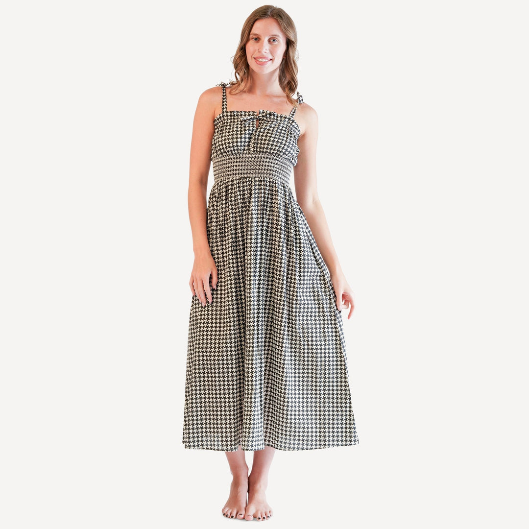 womens spaghetti tie winnie dress | houndstooth | organic cotton woven
