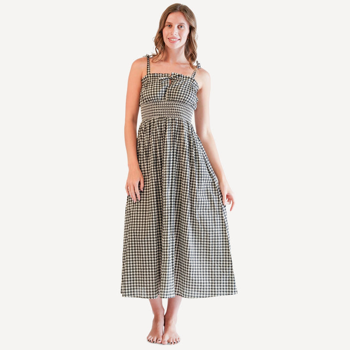 womens spaghetti tie winnie dress | houndstooth | organic cotton woven