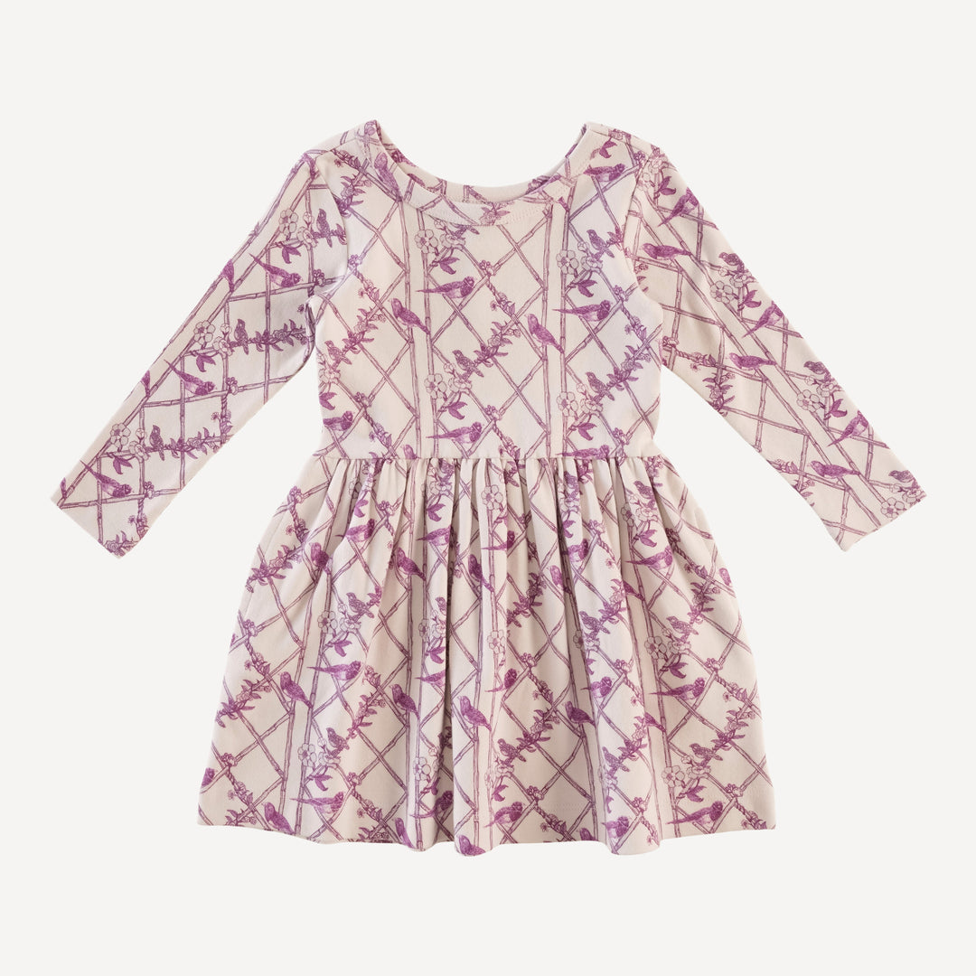 long sleeve hazel twirl dress | trellis birds | organic cotton interlock