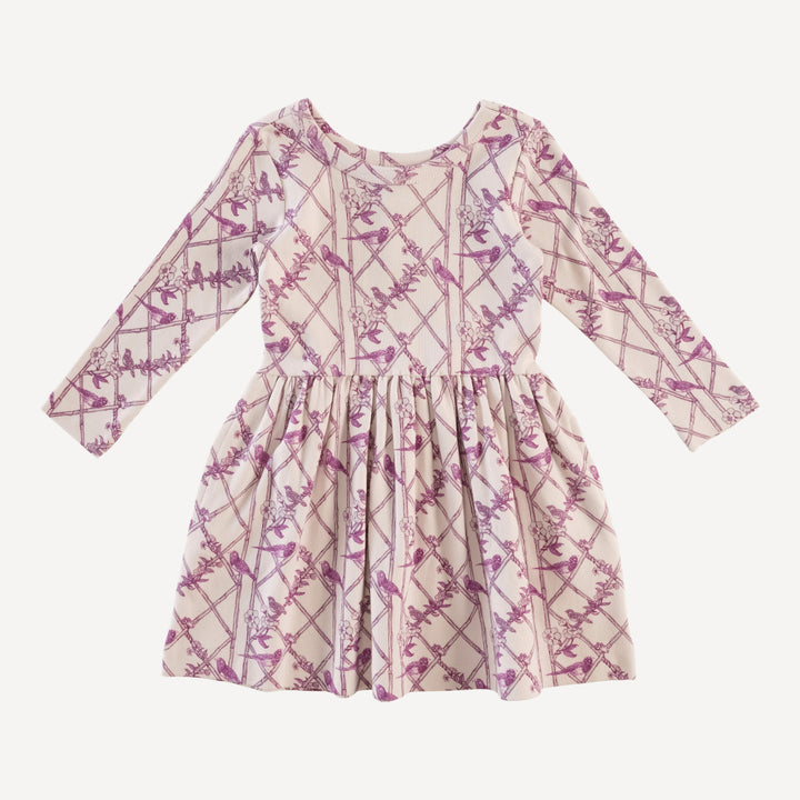 long sleeve hazel twirl dress | trellis birds | organic cotton interlock