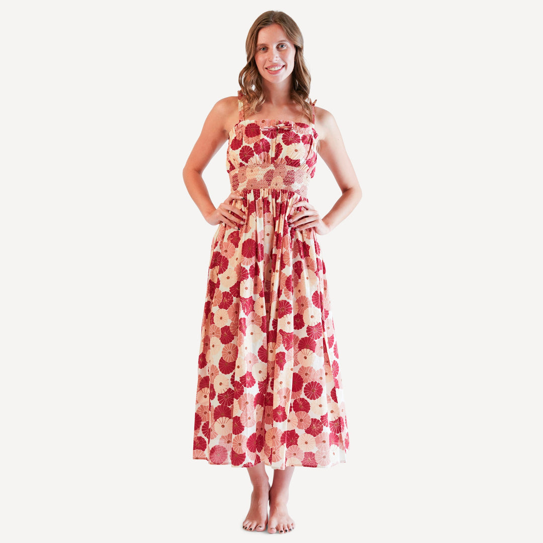 womens spaghetti tie winnie dress | red vintage daisy | organic cotton woven