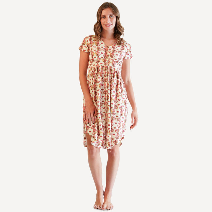 womens shirt tail button front dress | pink floral butterfly | organic cotton interlock