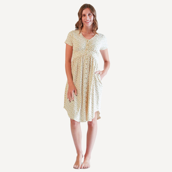 womens shirt tail button front dress | french rose bud | organic cotton interlock