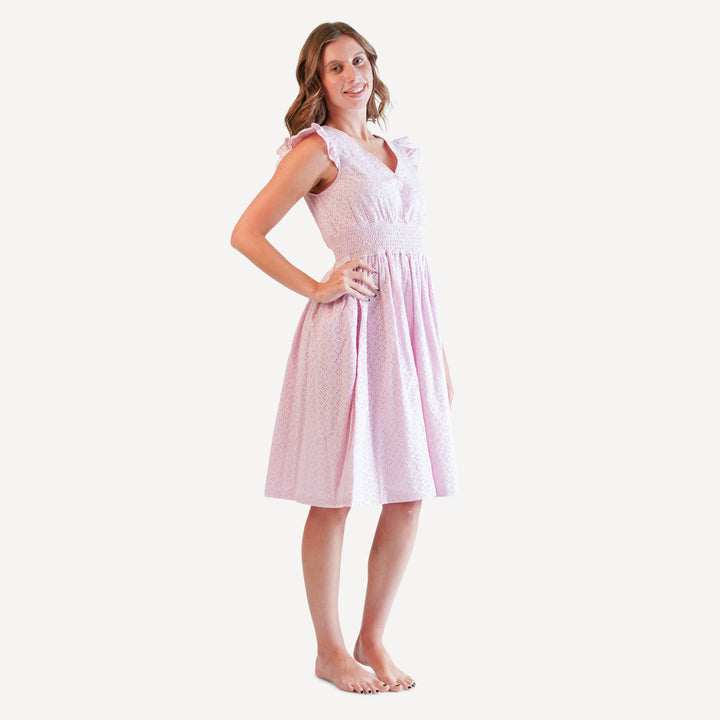 womens flutter sleeve v-neck dress | pink | organic cotton woven eyelet