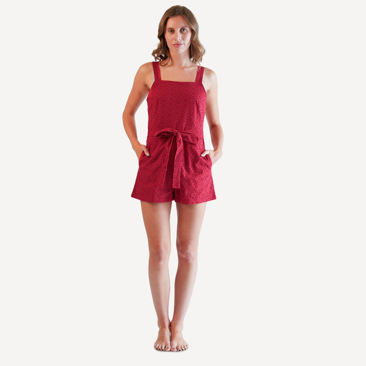 womens retro tie short jumpsuit | red violet | organic cotton woven eyelet