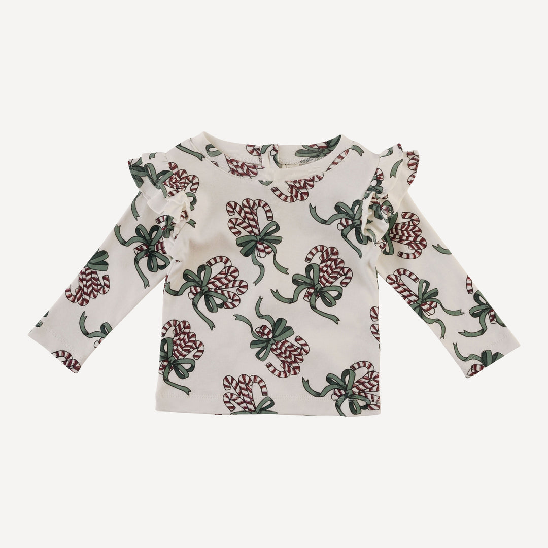 long sleeve double ruffle tee | candy canes | organic cotton flat rib