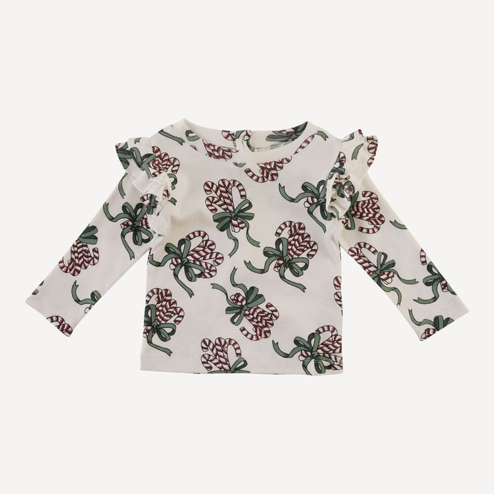 long sleeve double ruffle tee | candy canes | organic cotton flat rib