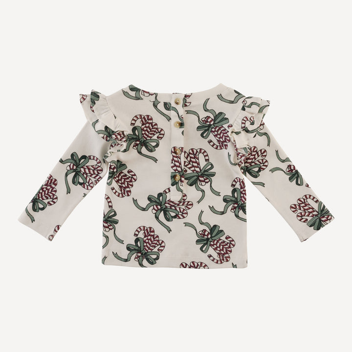 long sleeve double ruffle tee | candy canes | organic cotton flat rib