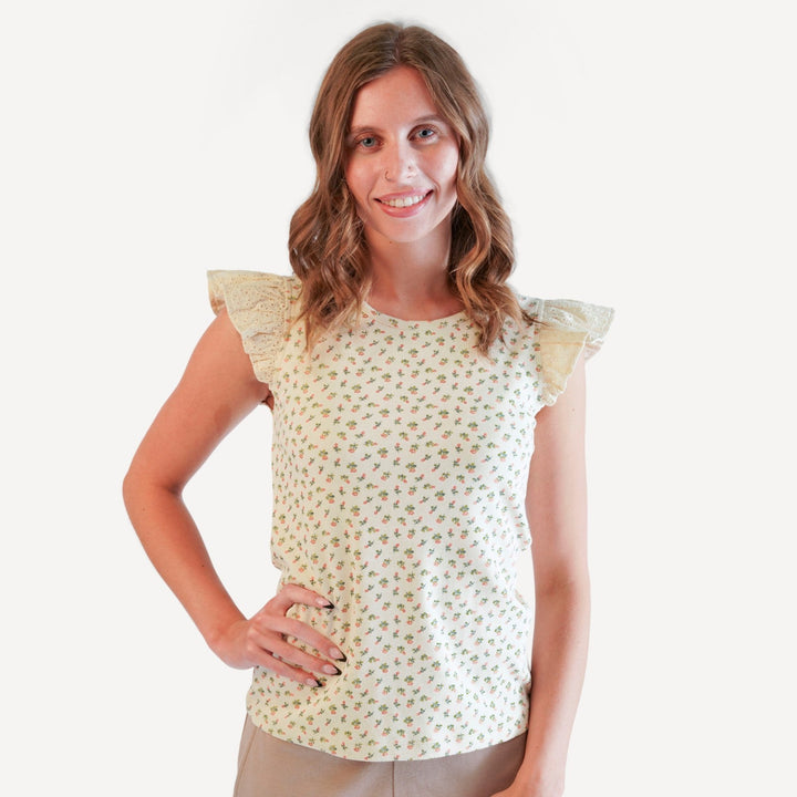 womens retro flutter tee | french rose bud | organic cotton interlock