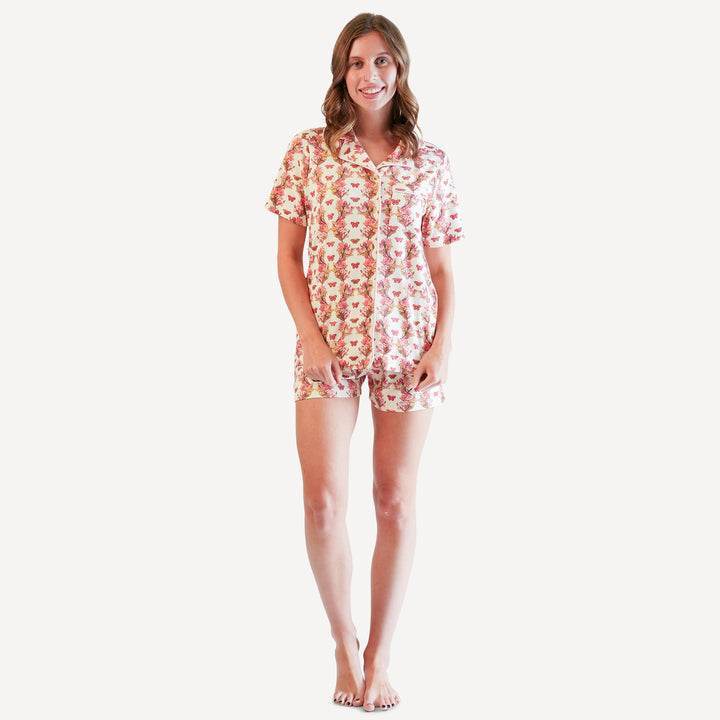 womens short sleeve pj set | pink floral butterfly | organic cotton interlock