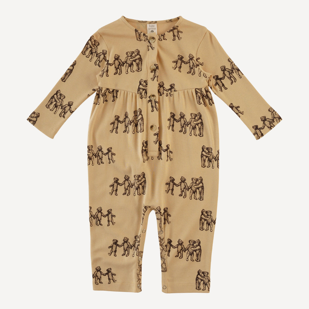 long sleeve button front v-waist jumpsuit | classic teddy bear | organic cotton flat rib