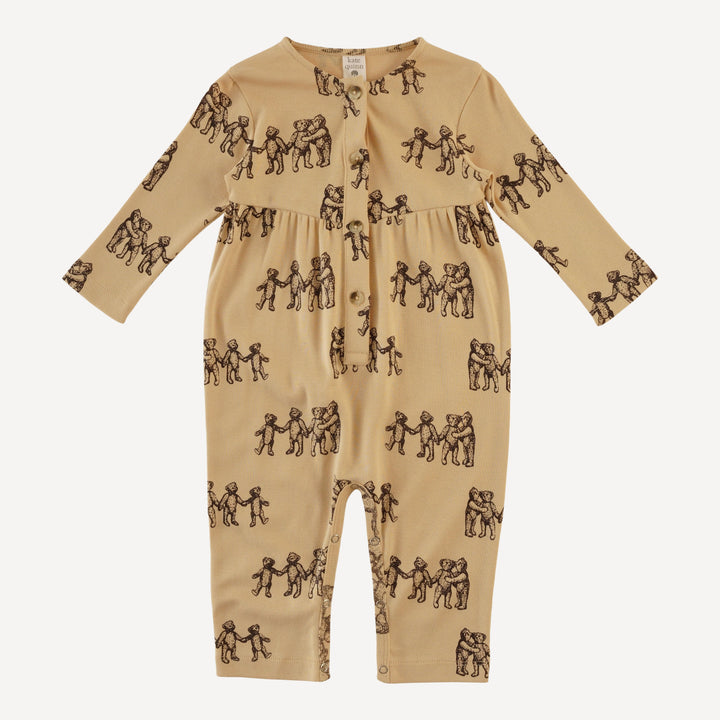 long sleeve button front v-waist jumpsuit | classic teddy bear | organic cotton flat rib