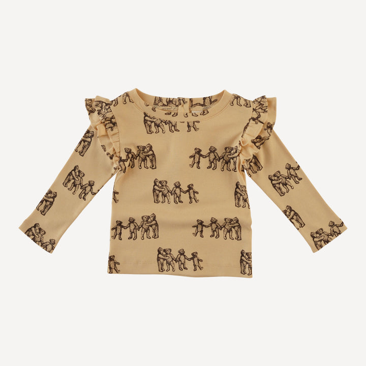 long sleeve double ruffle tee | classic teddy bear | organic cotton flat rib