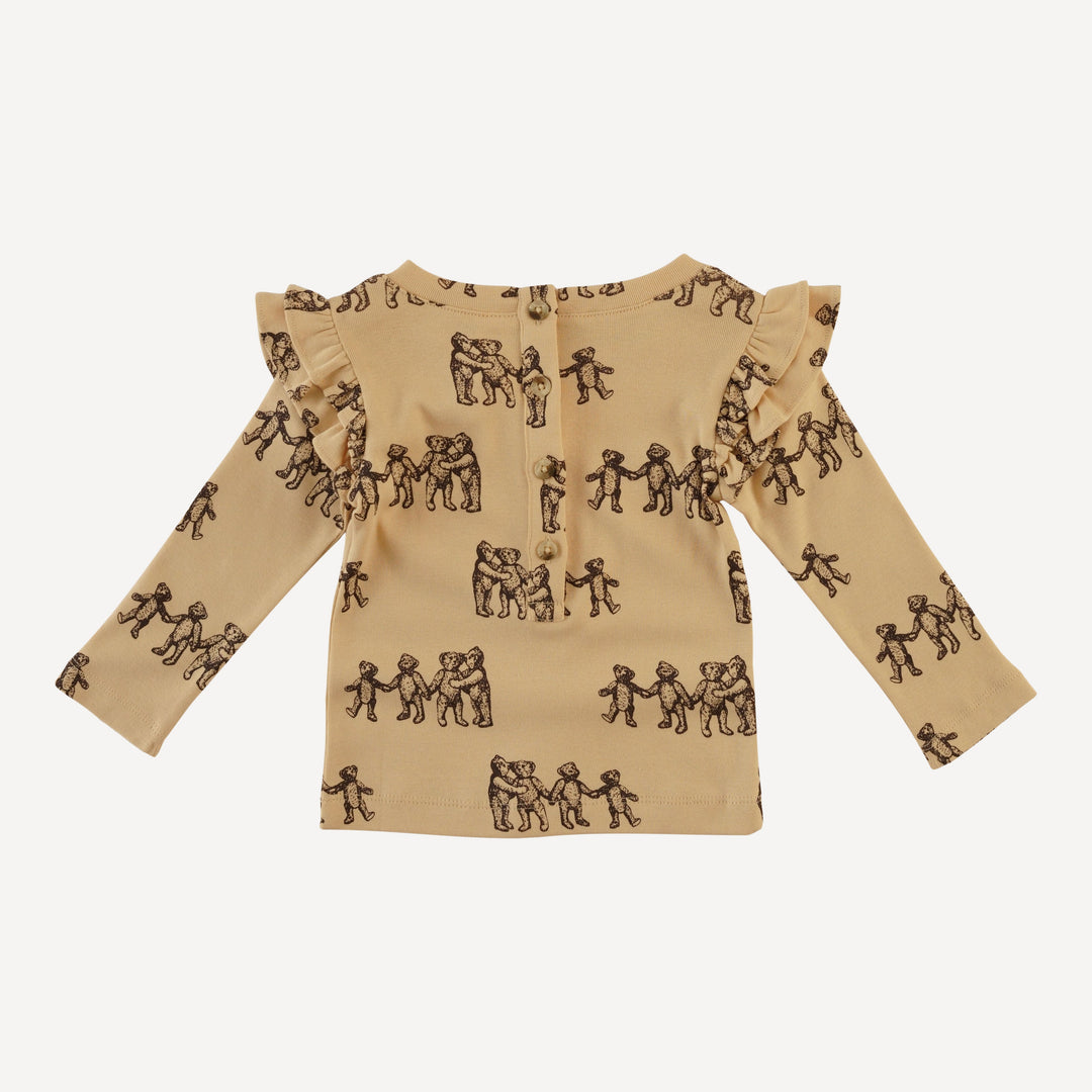 long sleeve double ruffle tee | classic teddy bear | organic cotton flat rib