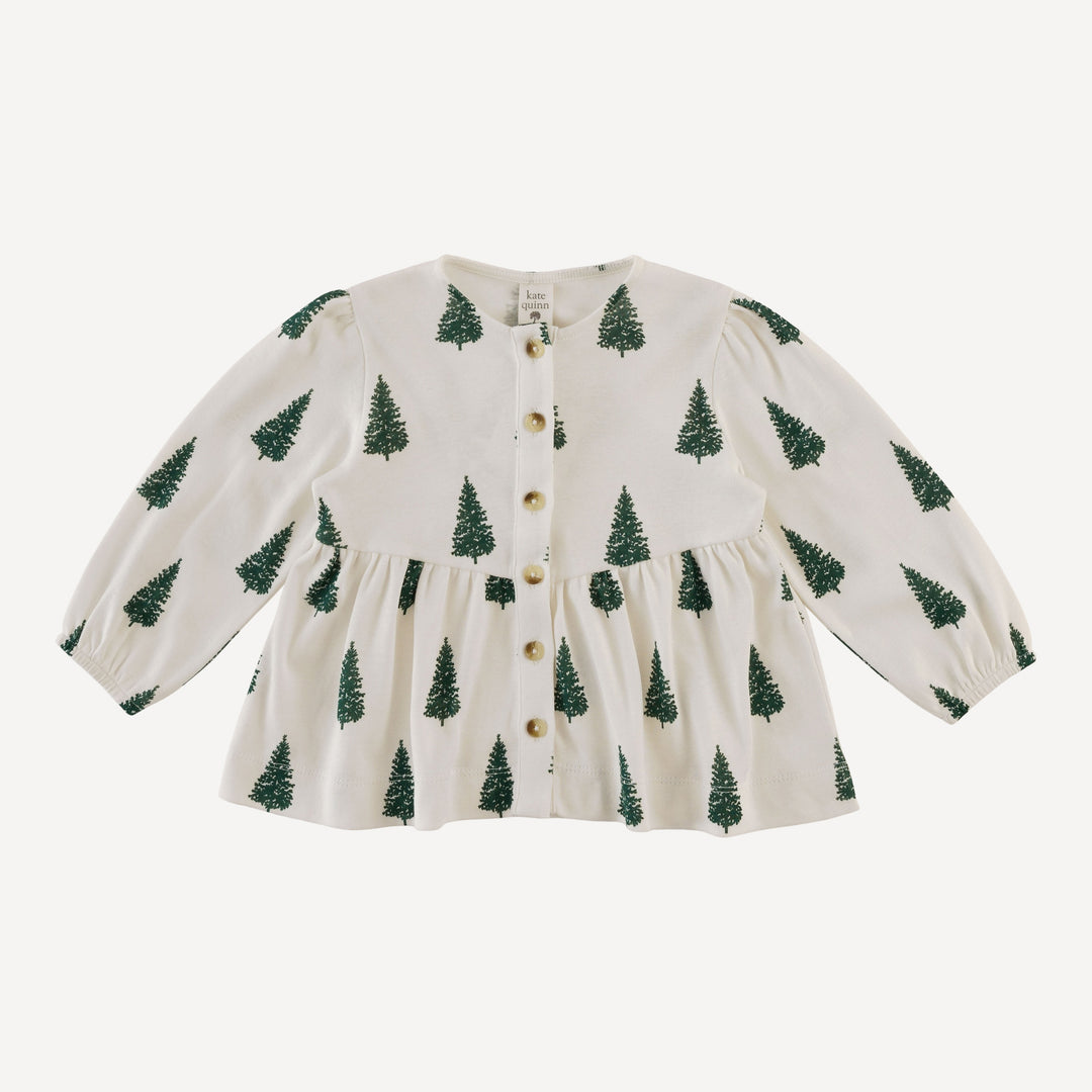 long sleeve button front v-waist top | mountain pine | organic cotton flat rib