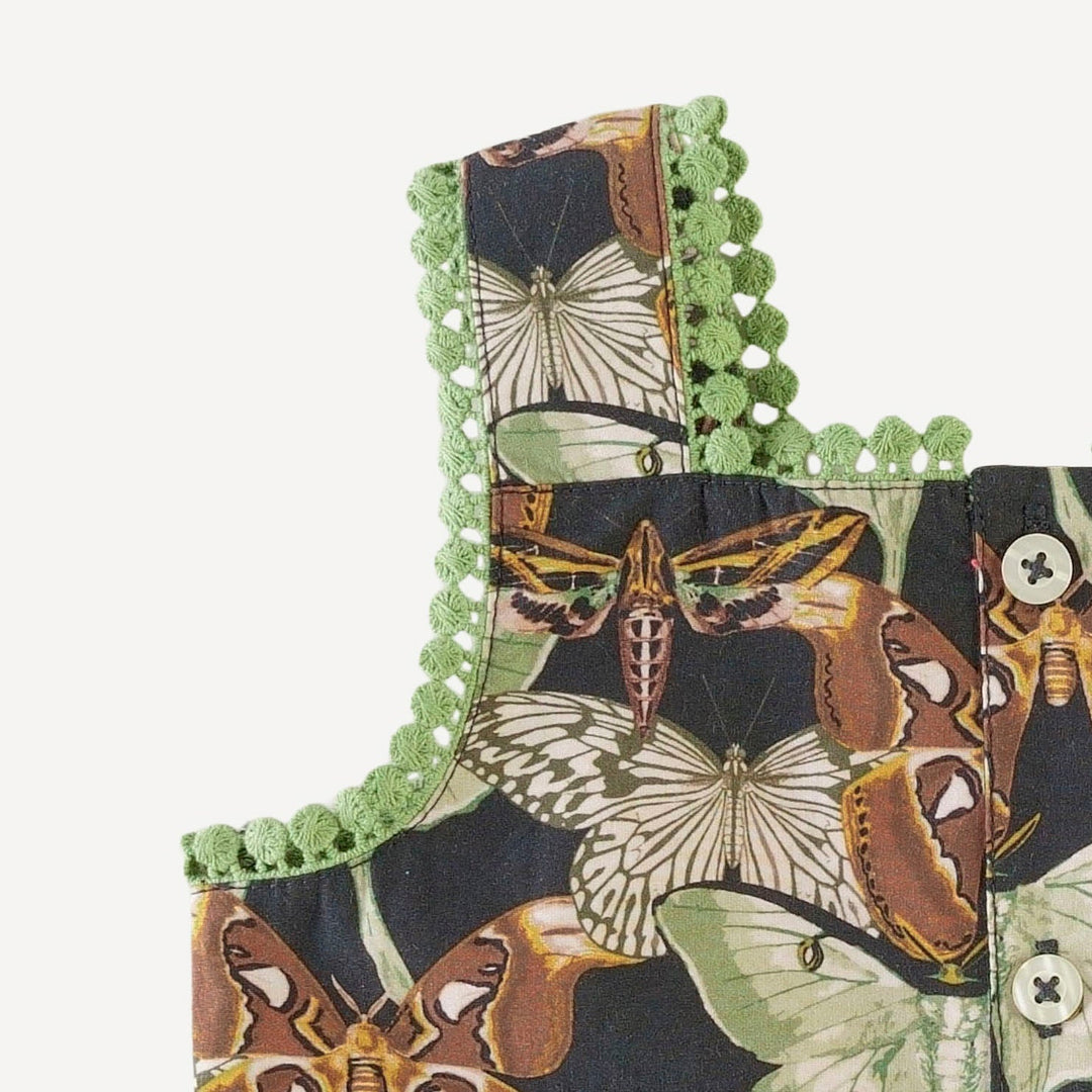 sleeveless gathered waist pom pom top | moth wallpaper | organic cotton mid-weight woven