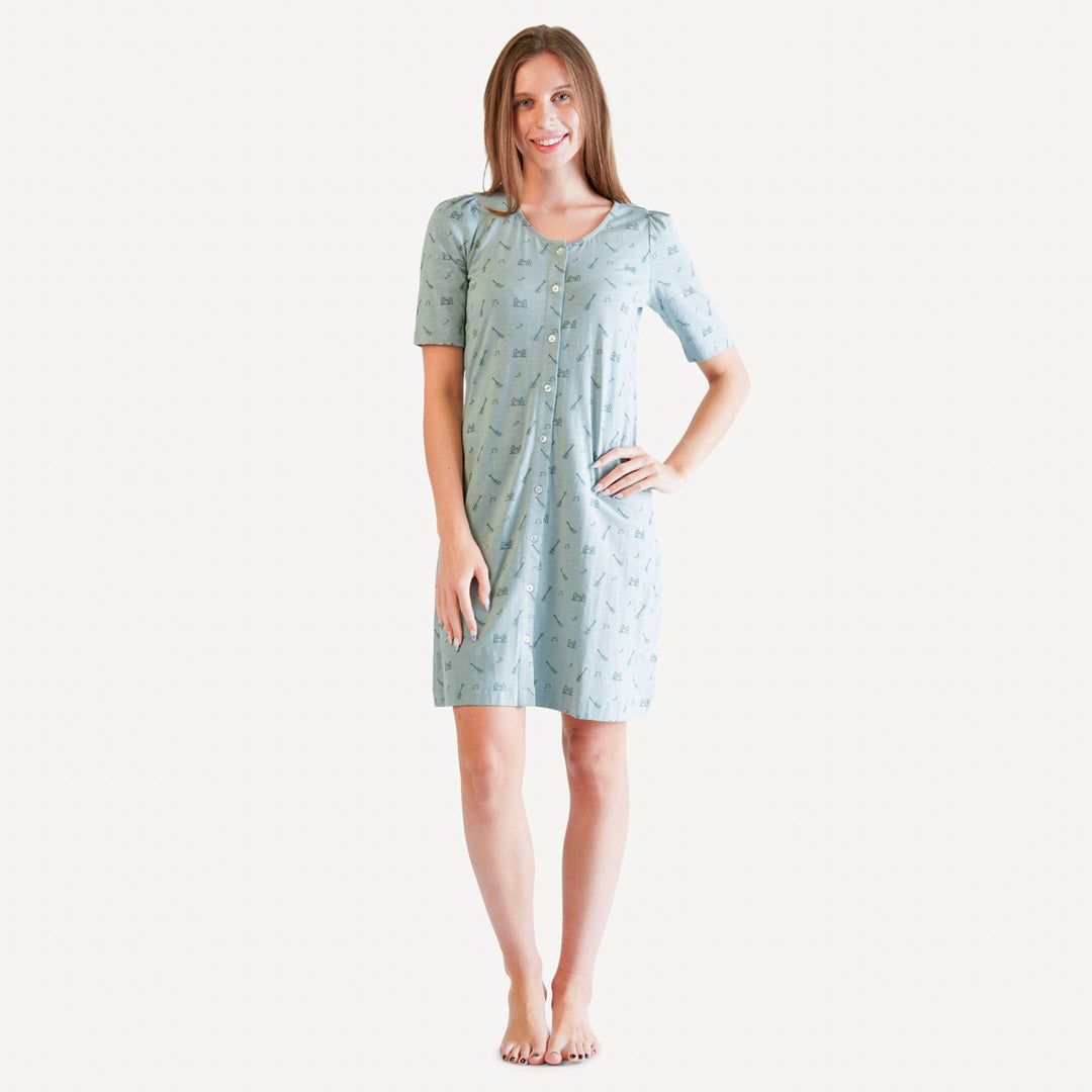 womens half puff sleeve button front dress | blue smoke music | organic cotton slub