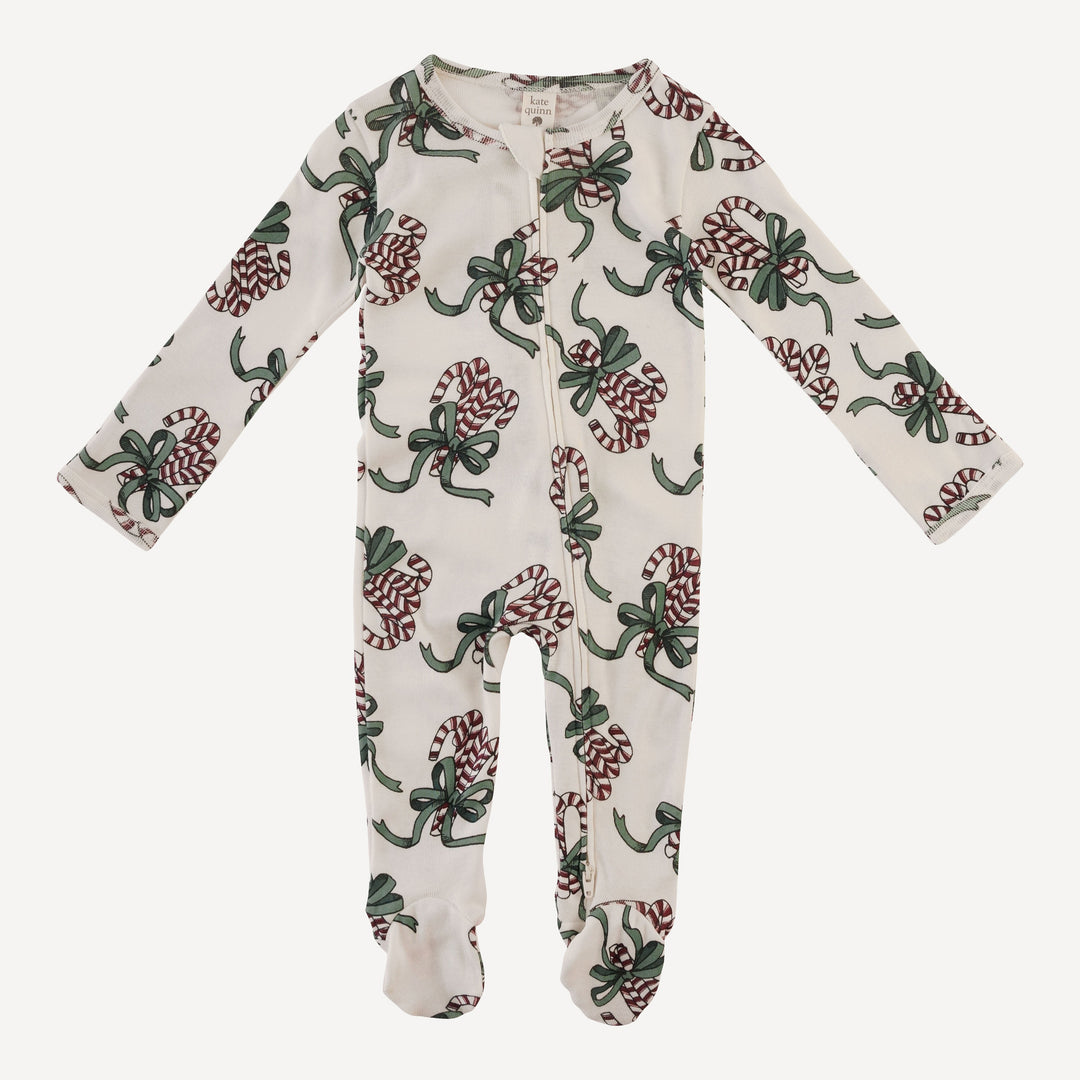 long sleeve two way zipper footie | candy canes | organic cotton flat rib