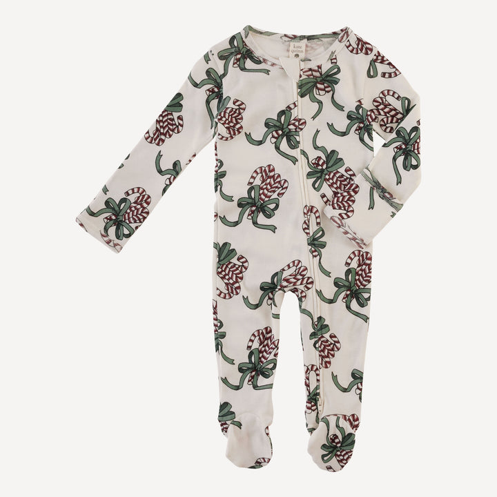 long sleeve two way zipper footie | candy canes | organic cotton flat rib