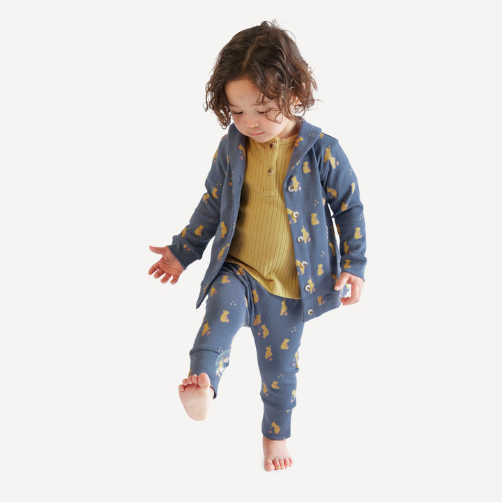 shawl collar cardigan | stone blue pooh | organic cotton interlock