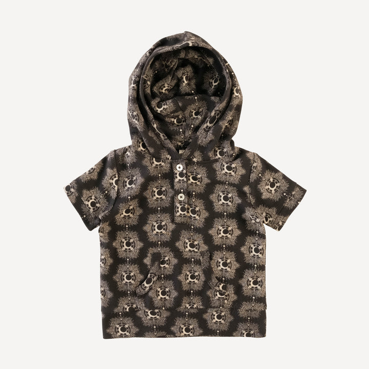 short sleeve henley kanga hoodie | black cosmic moon | organic cotton interlock