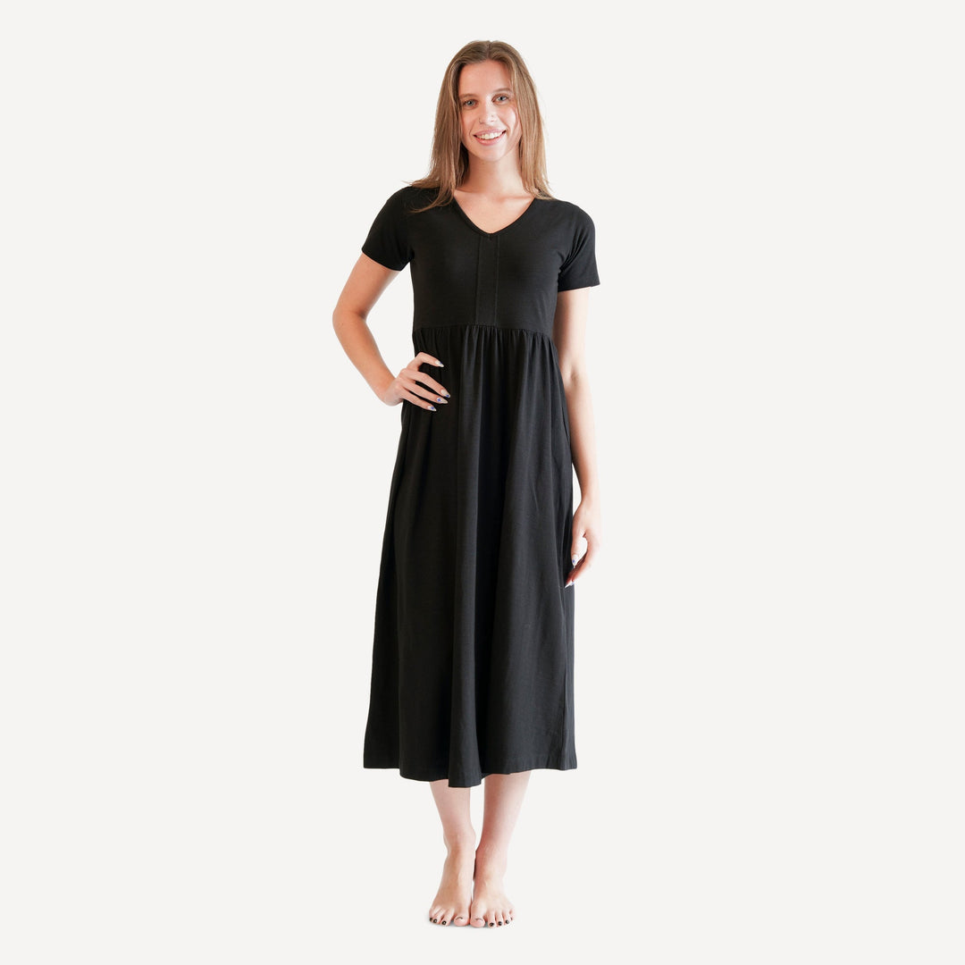 womens v-neck gathered lounge dress | black | organic cotton slub