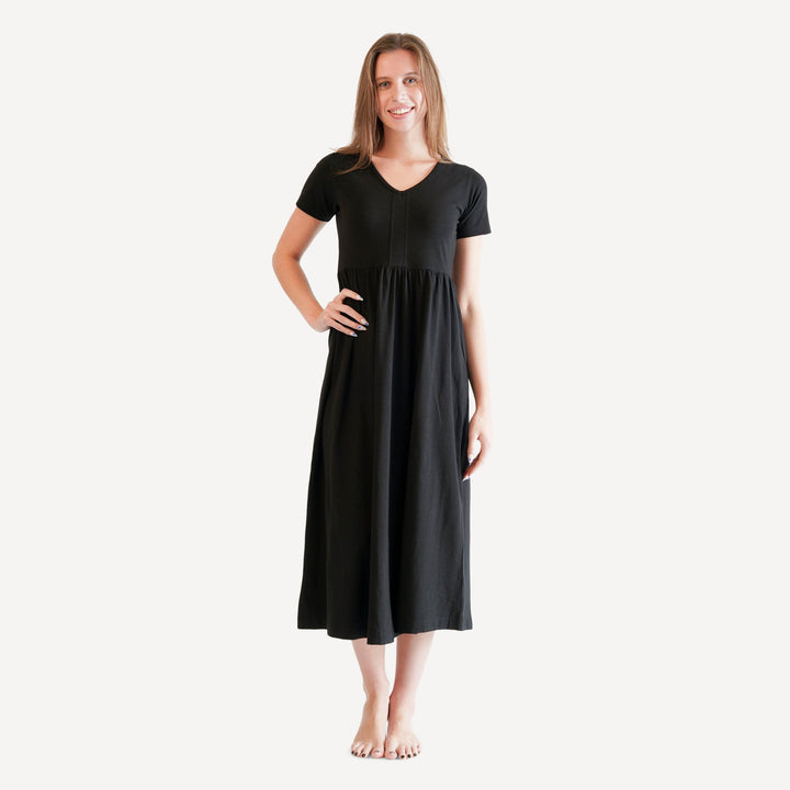 womens v-neck gathered lounge dress | black | organic cotton slub