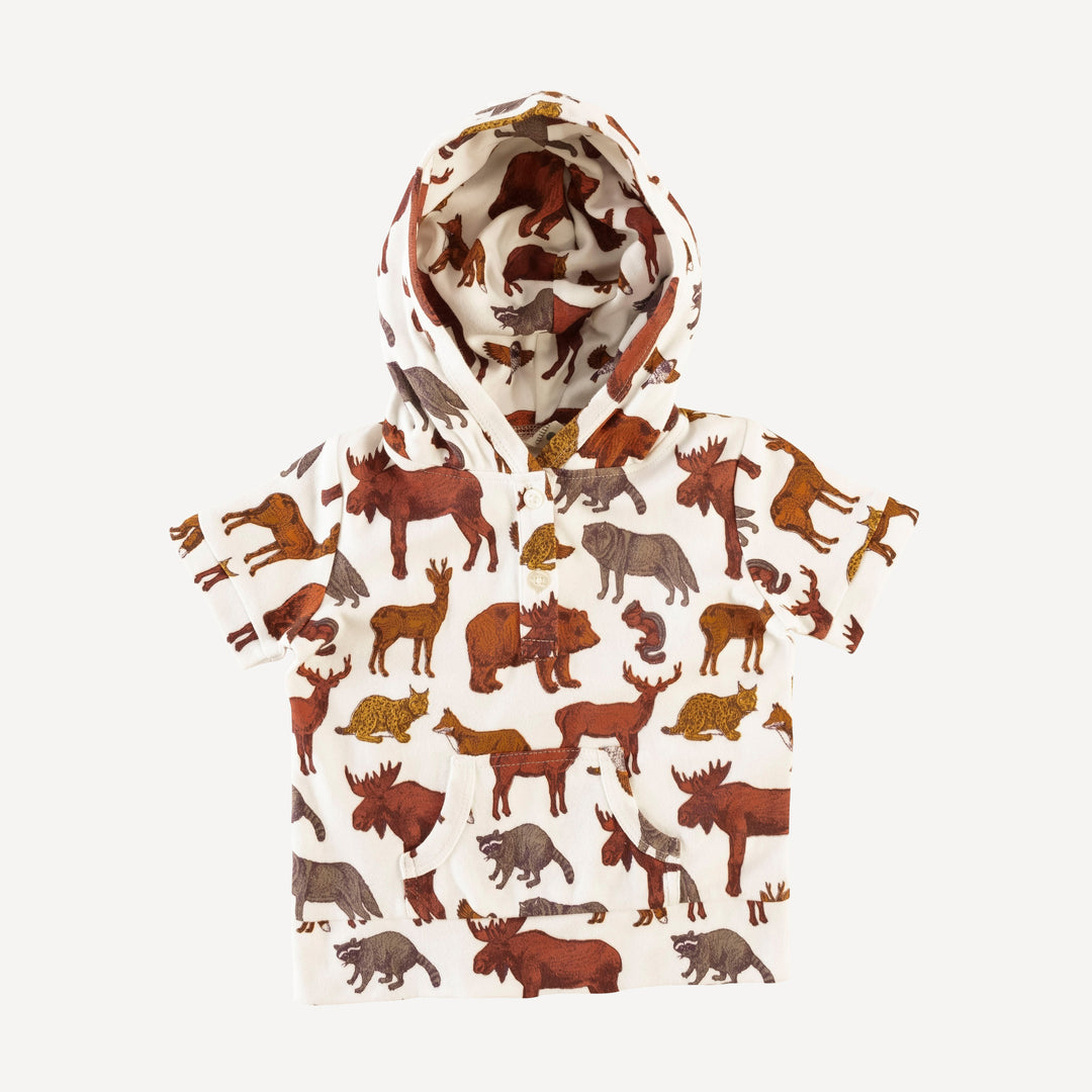 short sleeve henley kanga hoodie | forest stone animals | organic cotton interlock