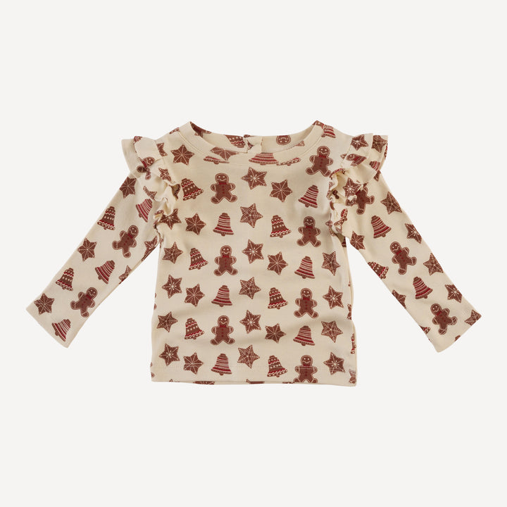 long sleeve double ruffle tee | gingerbread cookies | organic cotton flat rib