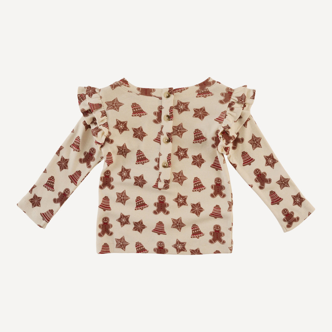 long sleeve double ruffle tee | gingerbread cookies | organic cotton flat rib