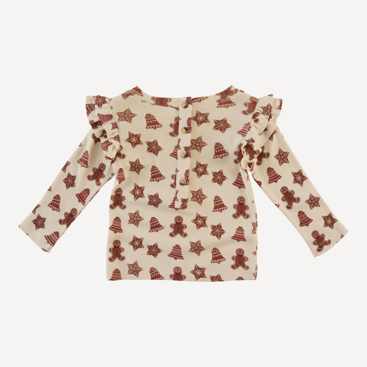 long sleeve double ruffle tee | gingerbread cookies | organic cotton flat rib